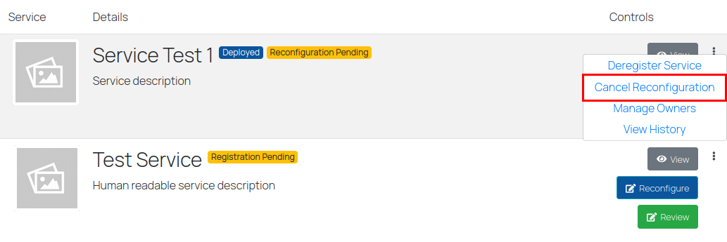 Cancel Request action in the service list
