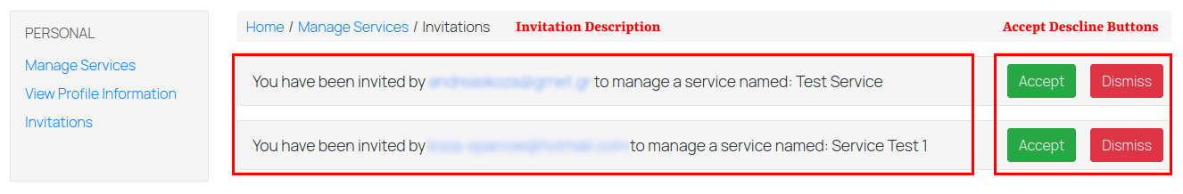 Invitations page with accept and decline actions