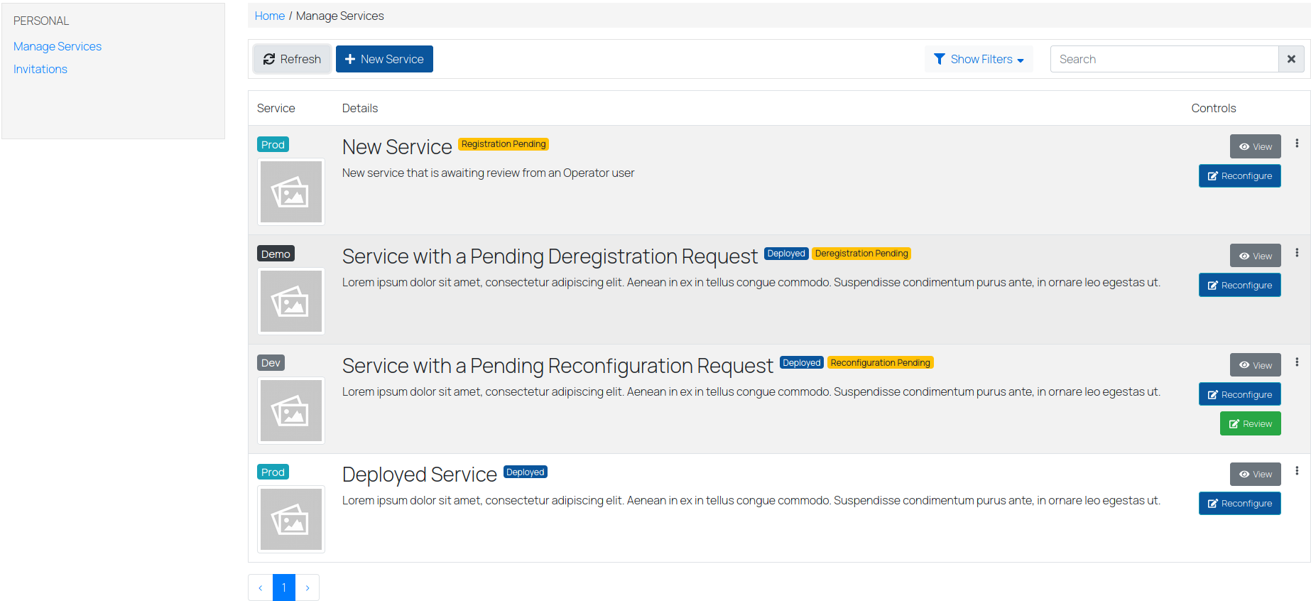 Manage Services list and available actions